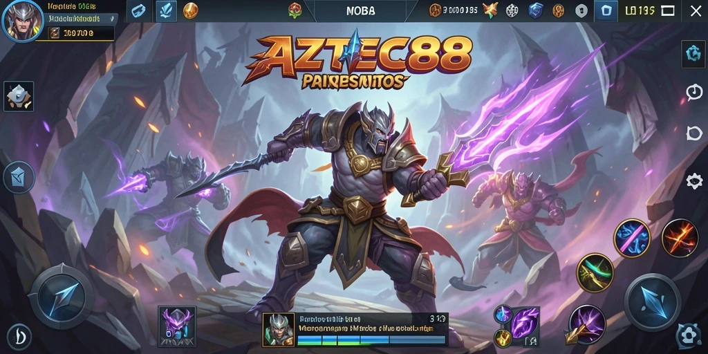 Tangkapan layar utama AZTEC88 menunjukkan aksi pertarungan MOBA yang intens.