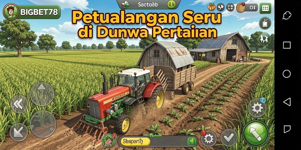 Tangkapan layar utama BIGBET78 menunjukkan suasana bertani yang ceria dan interaktif.