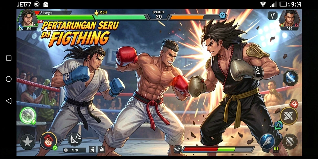 Screenshot utama JET77 menampilkan aksi pertarungan seru.