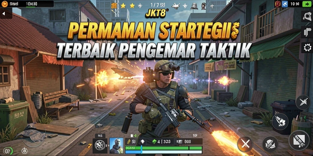 Tangkapan layar utama JKT8 menampilkan aksi seru strategi pertempuran.