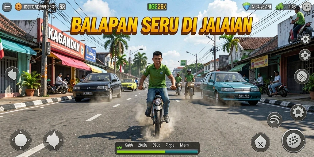 Tampilan gameplay seru dengan mobil balap di trek.