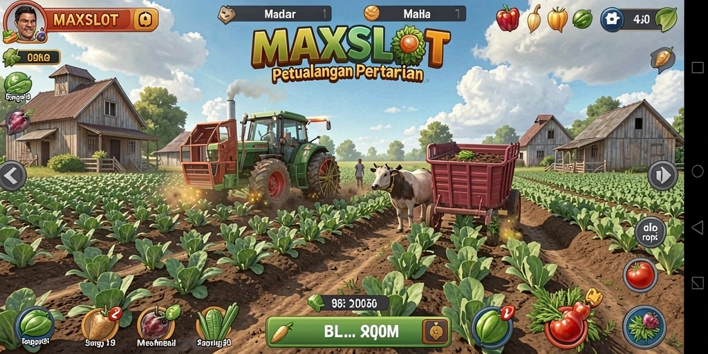 Screenshot gameplay MAXSLOT menampilkan kebun yang subur dan hewan peliharaan.