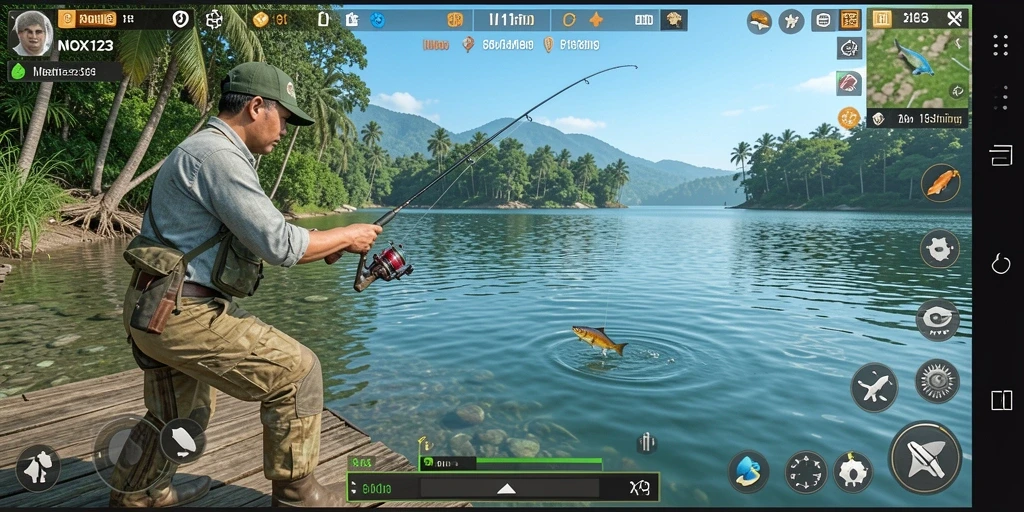 Tampilan gameplay yang menakjubkan dari NOX123 saat memancing.
