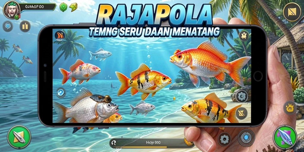 Screenshot RAJAPOLA menampilkan aksi seru dalam menangkap ikan.
