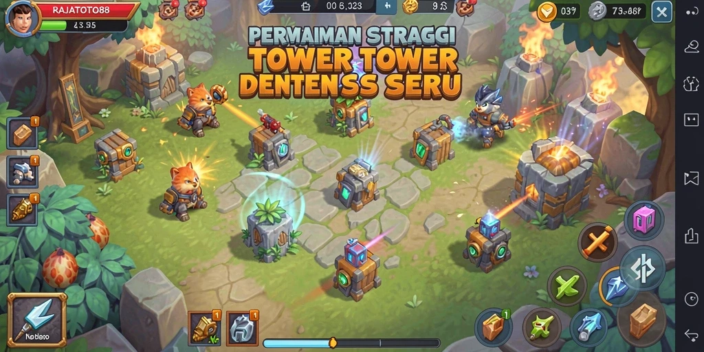 Tampilan gameplay menegangkan di RAJATOTO88 dengan strategi menara yang menarik.