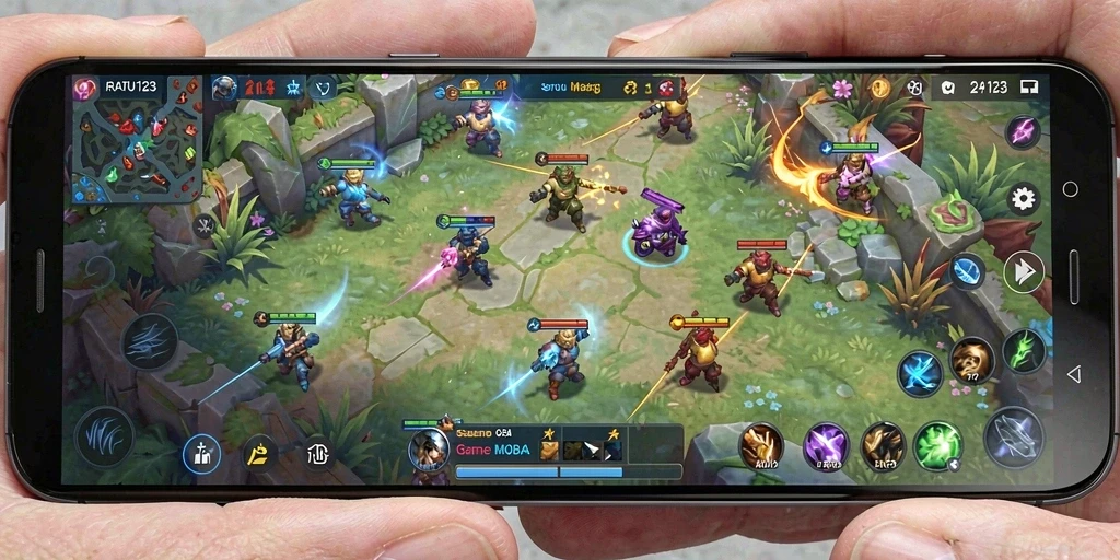 Tampilan gameplay seru dari RATU123 dalam pertempuran MOBA.