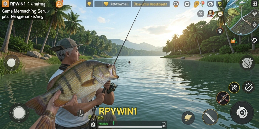 Tampilan screenshot menunjukkan pemain memancing di danau yang indah.