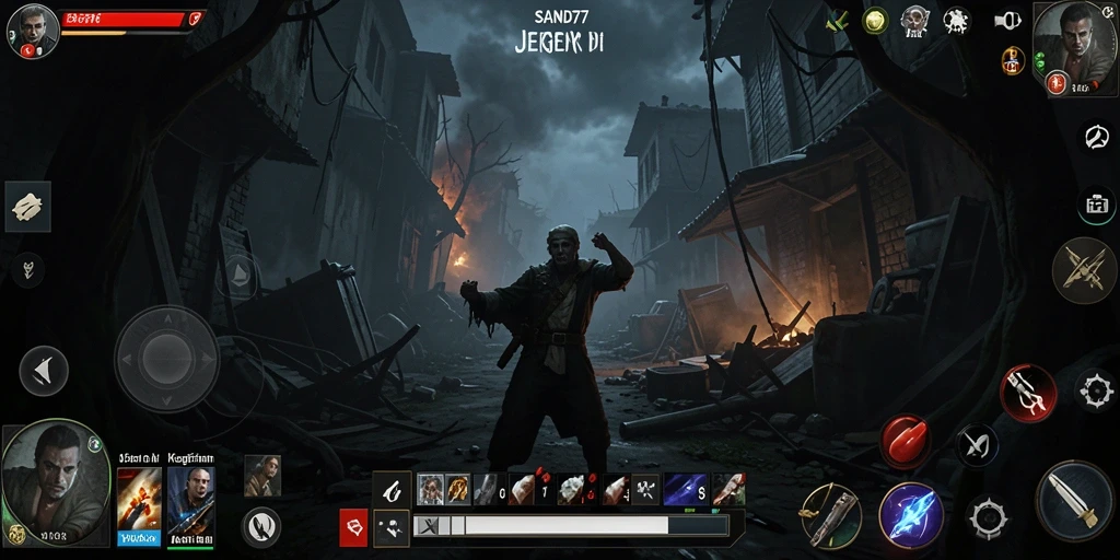 Screenshot gameplay SAND77 menampilkan suasana mencekam saat menjelajahi ruang gelap.