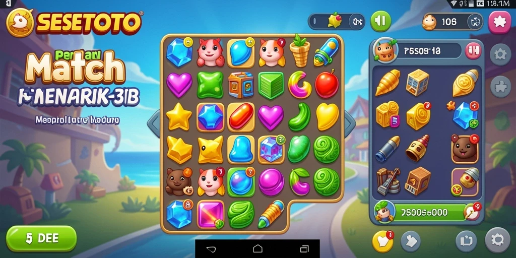 Gameplay seru SESETOTO dengan elemen Match-3 warna-warni.